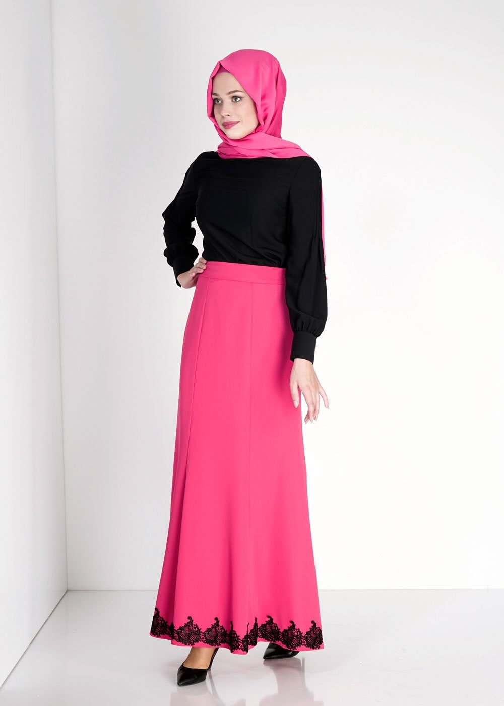 Tesettür giyim FUŞYA ETEK UCU İŞLEME DETAYLI ETEK 6702