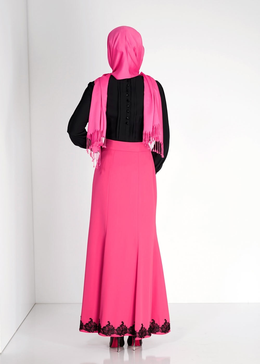 Tesettür giyim FUŞYA ETEK UCU İŞLEME DETAYLI ETEK 6702