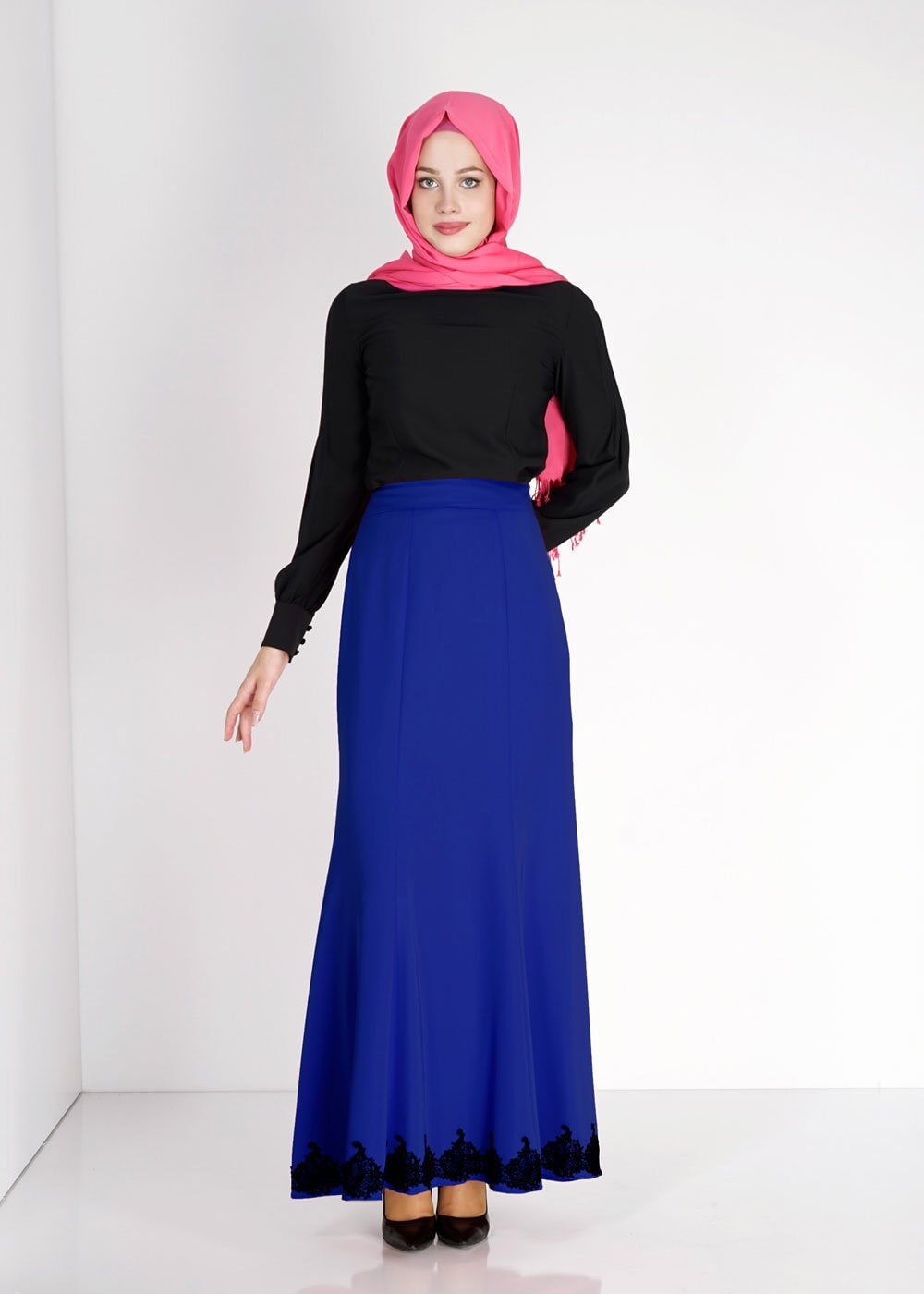 Tesettür giyim LACİVERT ETEK UCU İŞLEME DETAYLI ETEK 6702