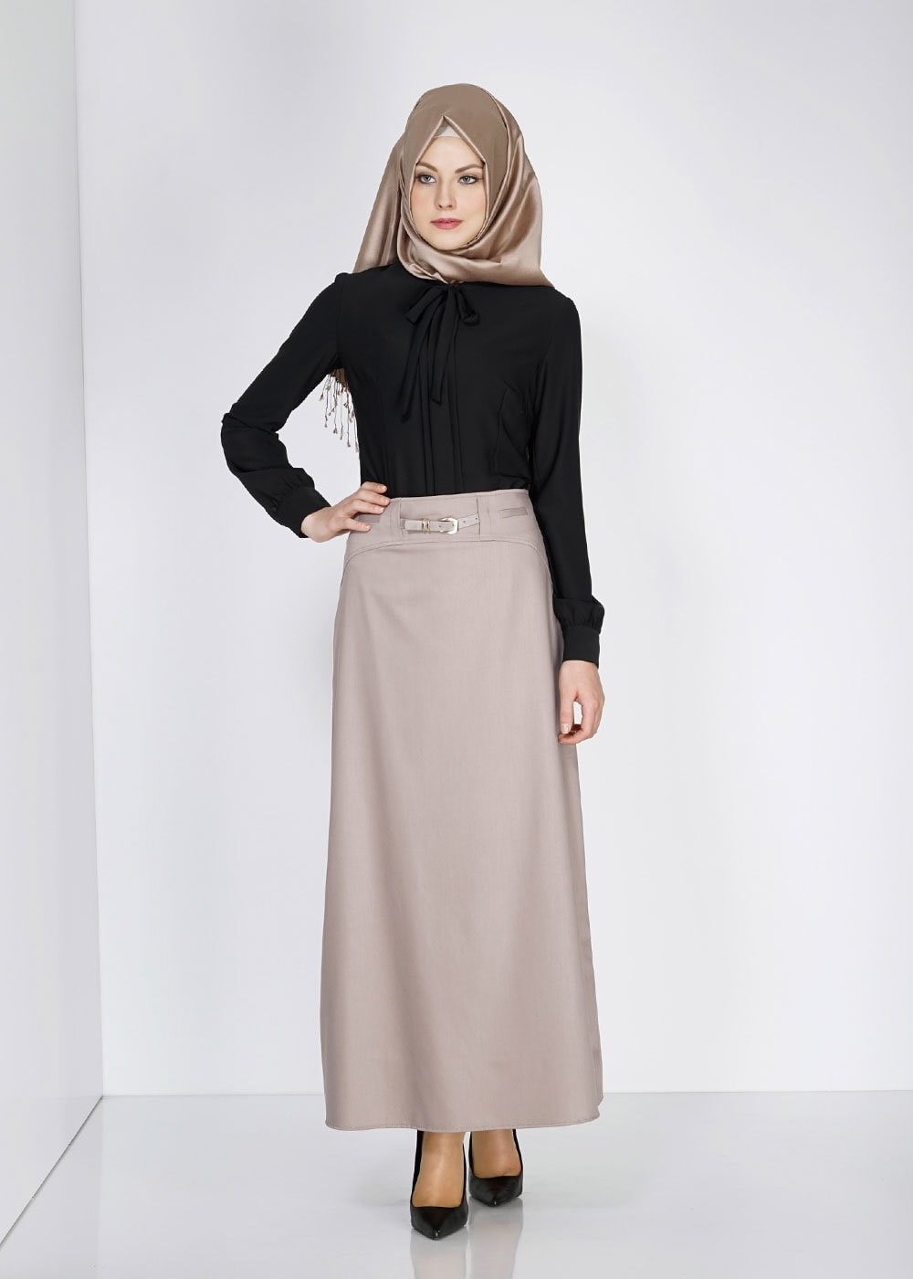 Tesettür giyim KUM KEMER DETAYLI ETEK 6706 