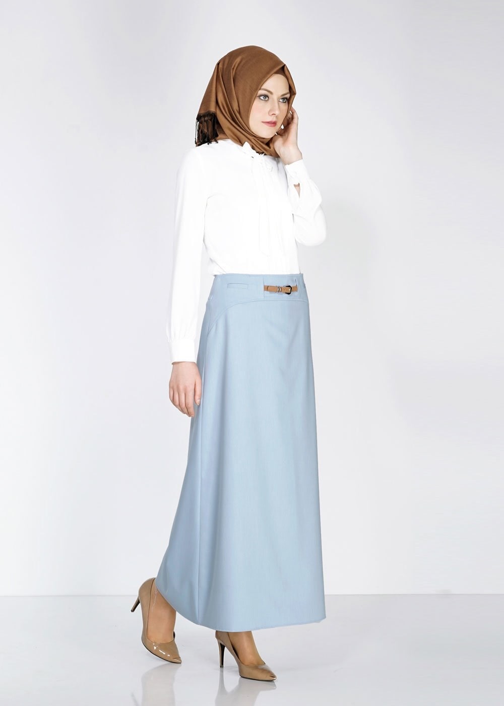 Tesettür giyim MAVİ KEMER DETAYLI ETEK 6706 