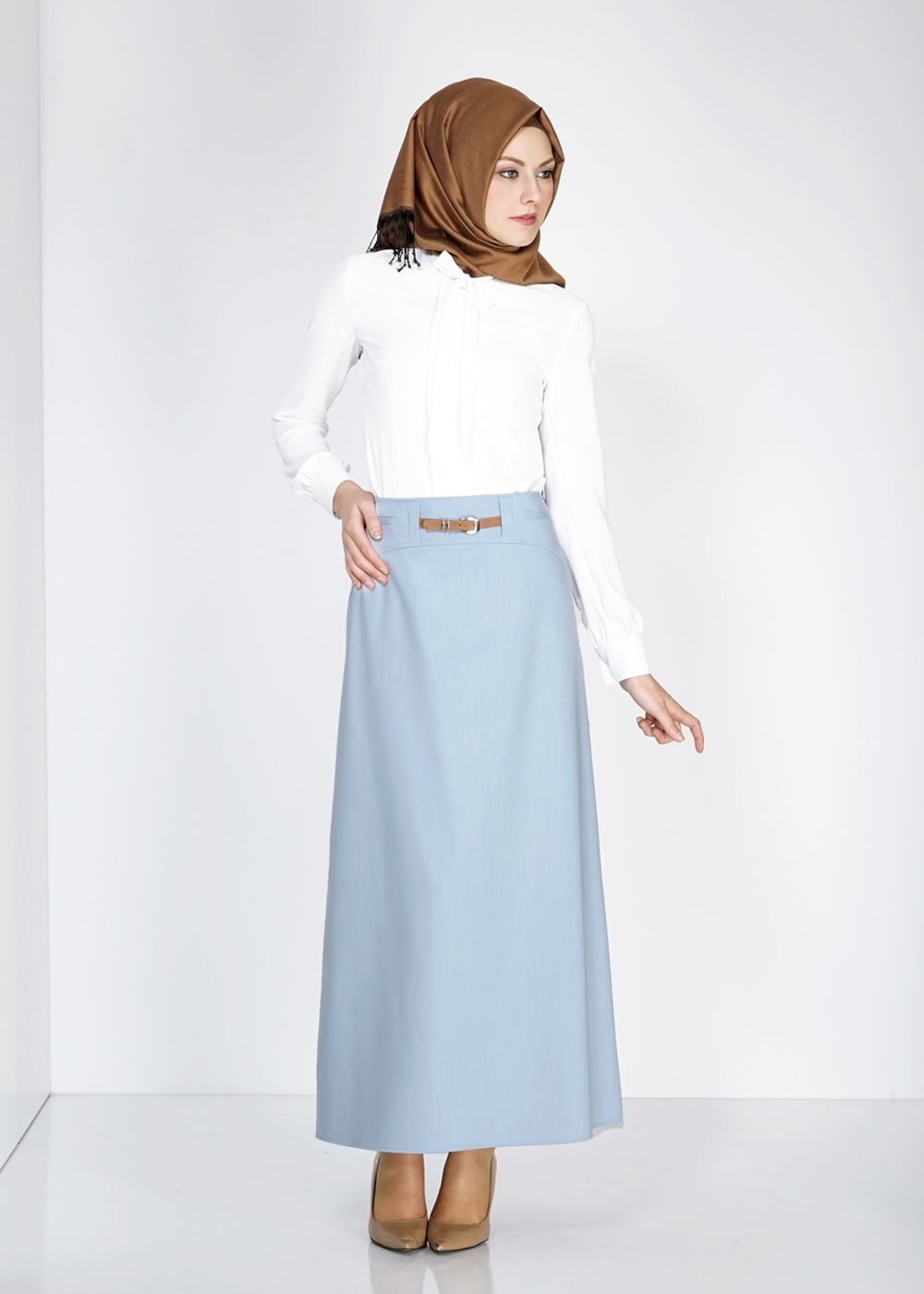 Tesettür giyim MAVİ KEMER DETAYLI ETEK 6706 