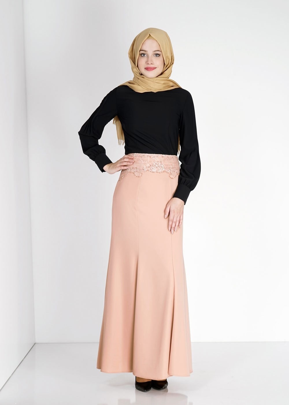 Tesettür giyim KAHVE NAKIŞ İŞLEMELİ TAŞ DETAYLI ETEK 6707