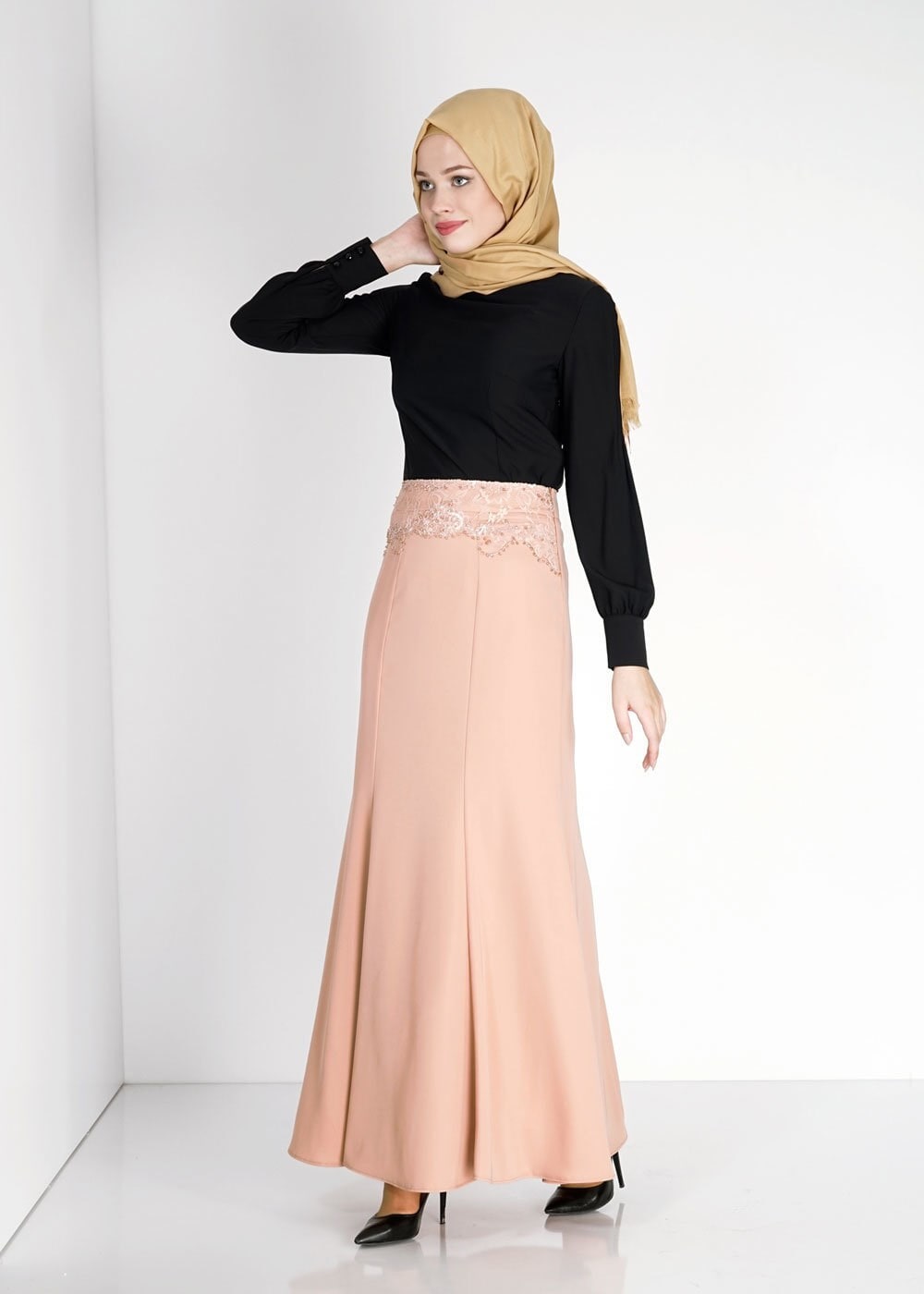 Tesettür giyim KAHVE NAKIŞ İŞLEMELİ TAŞ DETAYLI ETEK 6707