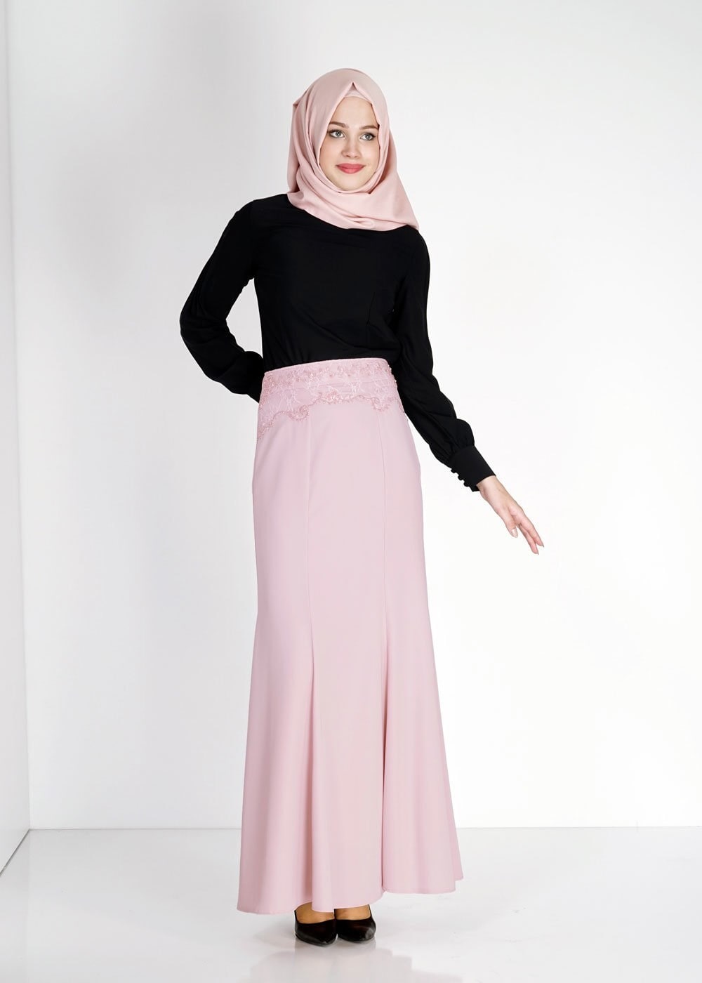 Tesettür giyim PUDRA NAKIŞ İŞLEMELİ TAŞ DETAYLI ETEK 6707