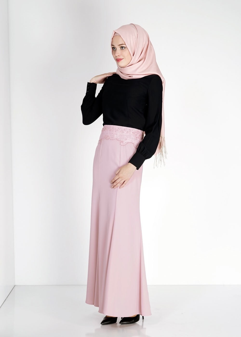Tesettür giyim PUDRA NAKIŞ İŞLEMELİ TAŞ DETAYLI ETEK 6707