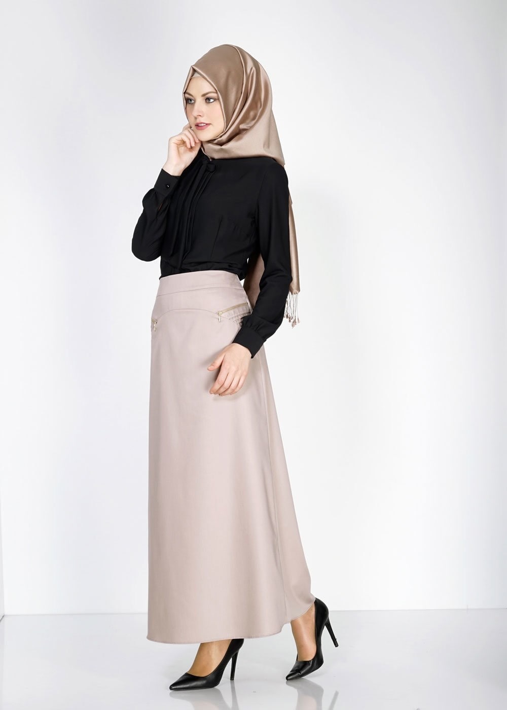 Tesettür giyim BEJ FERMUAR DETAYLI ETEK 6708