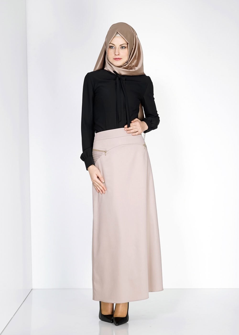 Tesettür giyim BEJ FERMUAR DETAYLI ETEK 6708