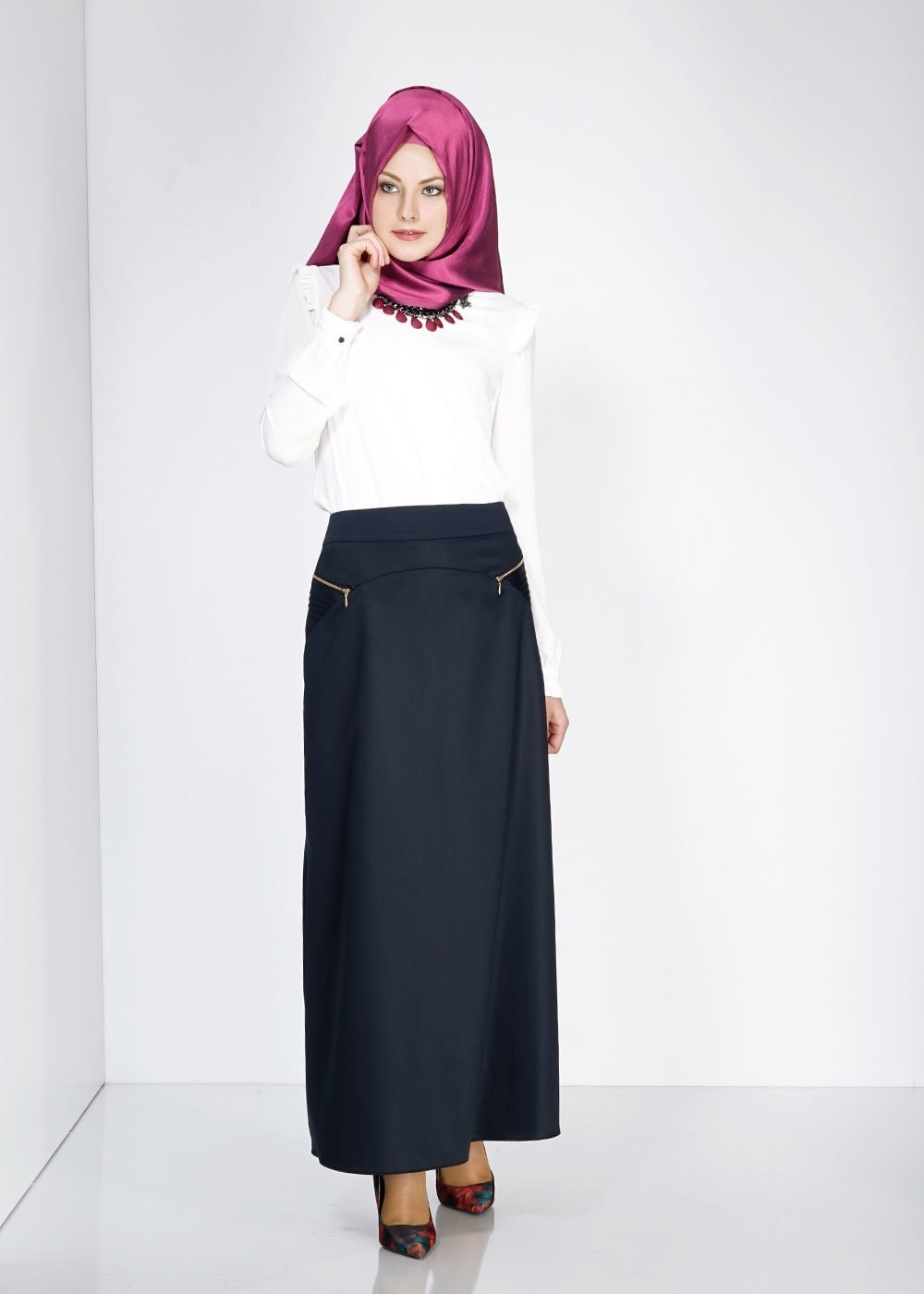 Tesettür giyim LACİVERT FERMUAR DETAYLI ETEK 6708