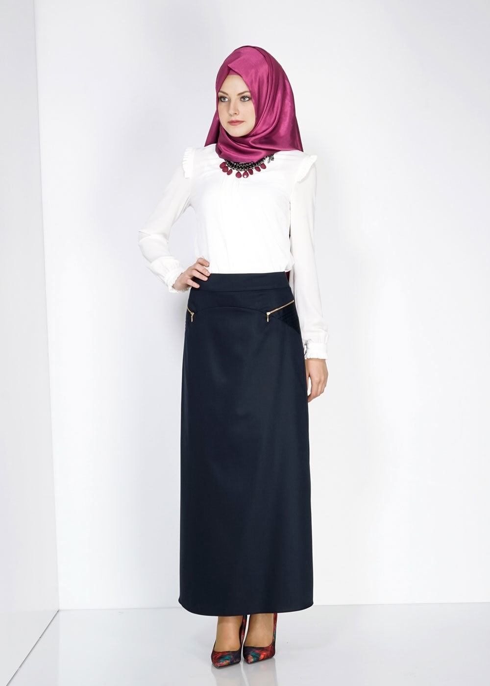 Tesettür giyim LACİVERT FERMUAR DETAYLI ETEK 6708