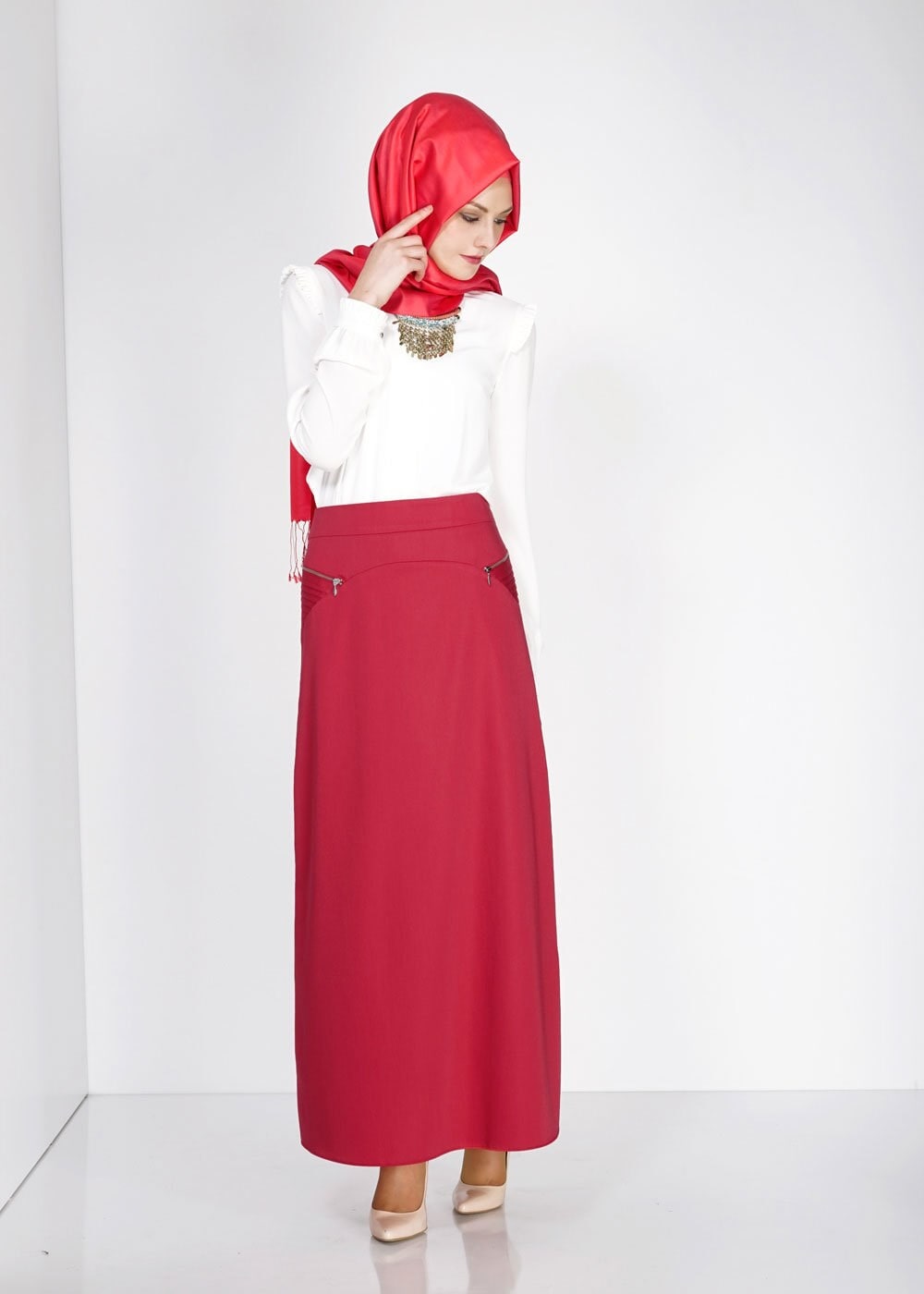 Tesettür giyim BORDO FERMUAR DETAYLI ETEK 6708