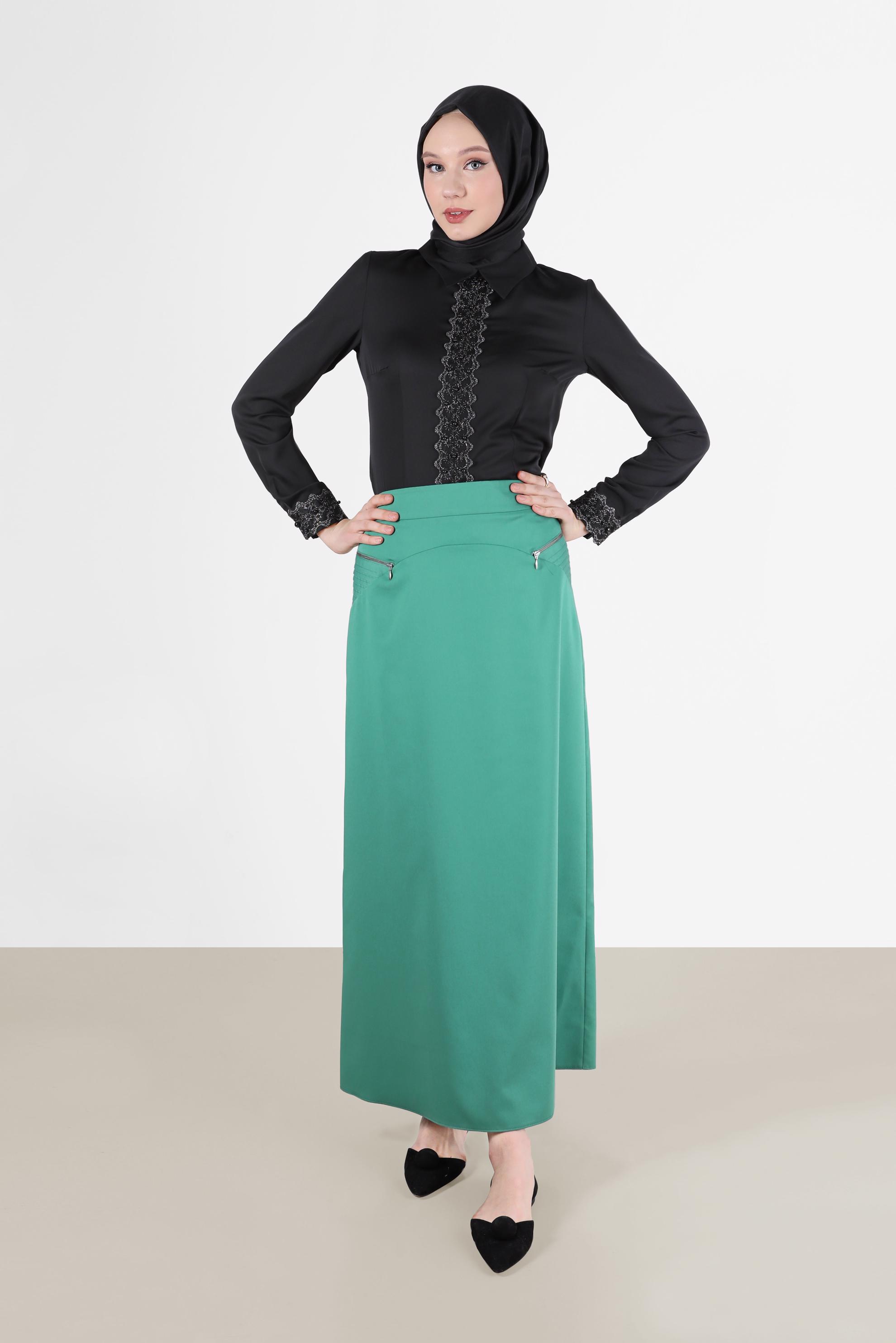 Tesettür giyim YEŞİL FERMUAR DETAYLI ETEK 6708