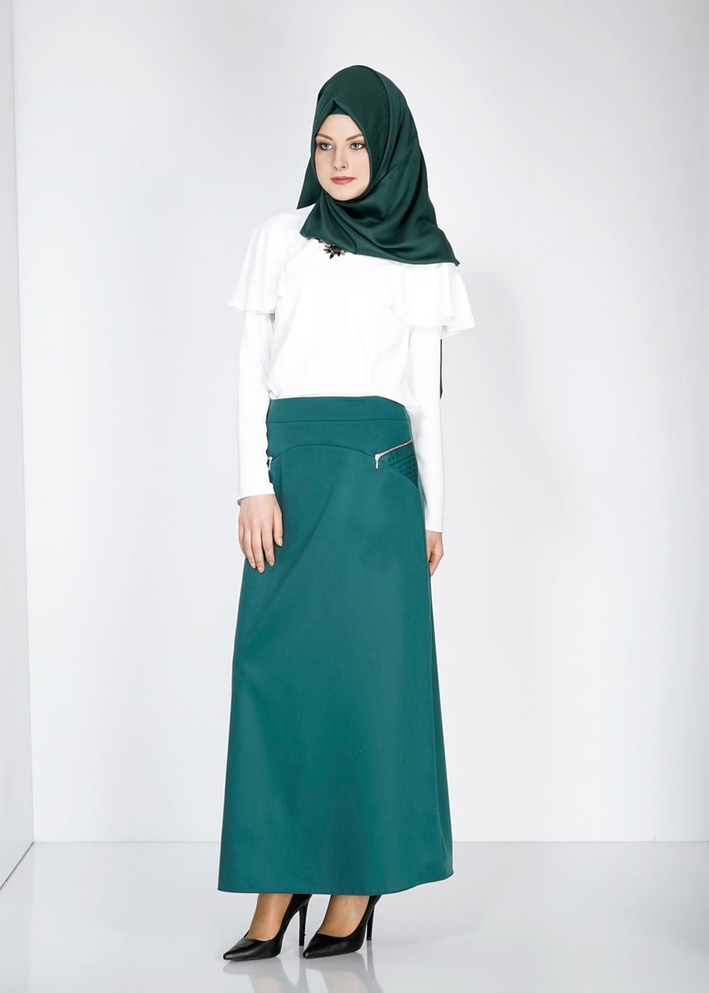 Tesettür giyim YEŞİL FERMUAR DETAYLI ETEK 6708