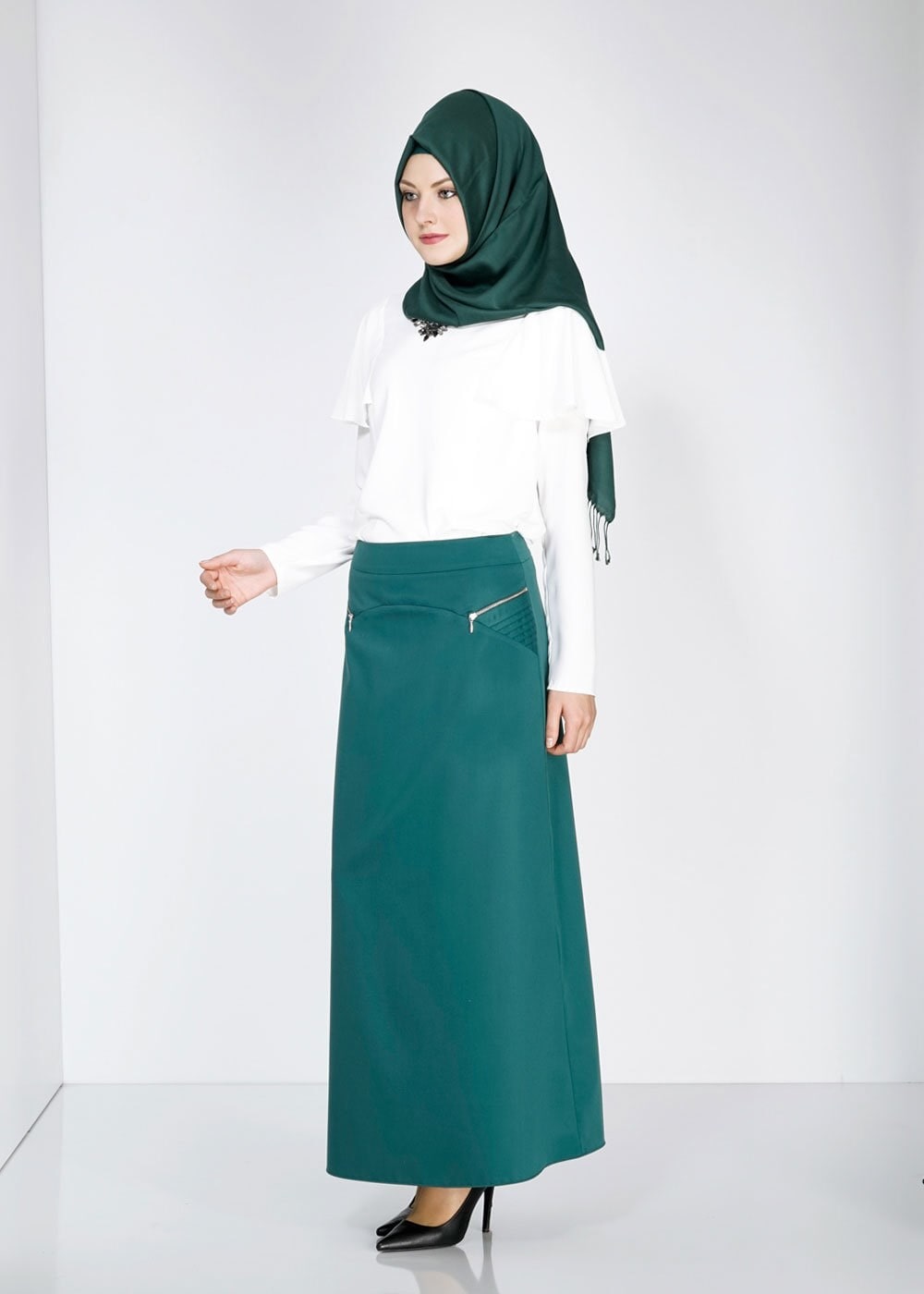 Tesettür giyim YEŞİL FERMUAR DETAYLI ETEK 6708