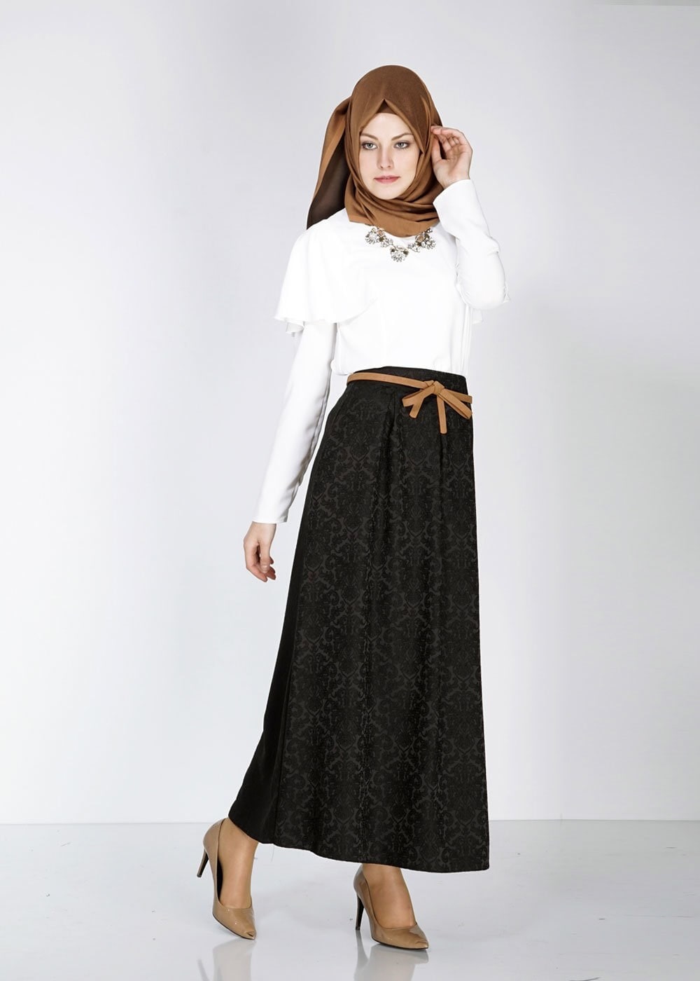 Tesettür giyim SİYAH 6710 Almina Jakar Tesettür Etek