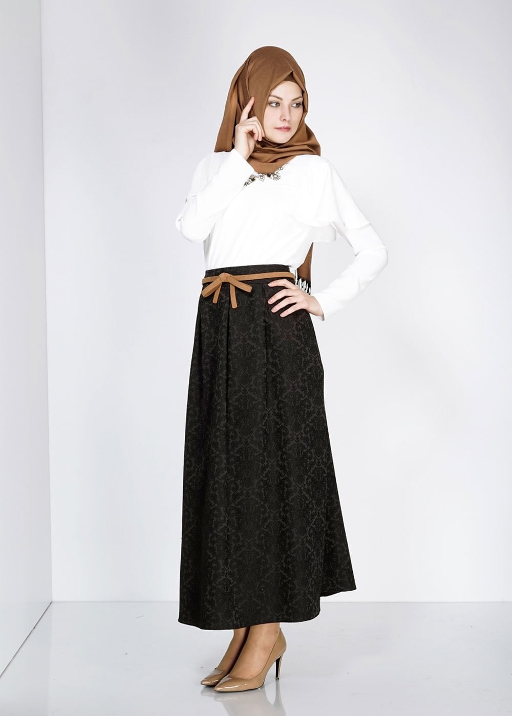 Tesettür giyim SİYAH 6710 Almina Jakar Tesettür Etek
