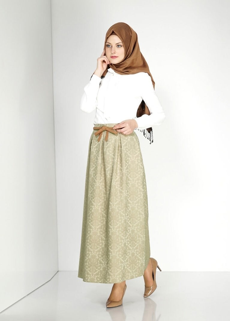 Tesettür giyim HAKİ 6710 Almina Jakar Tesettür Etek
