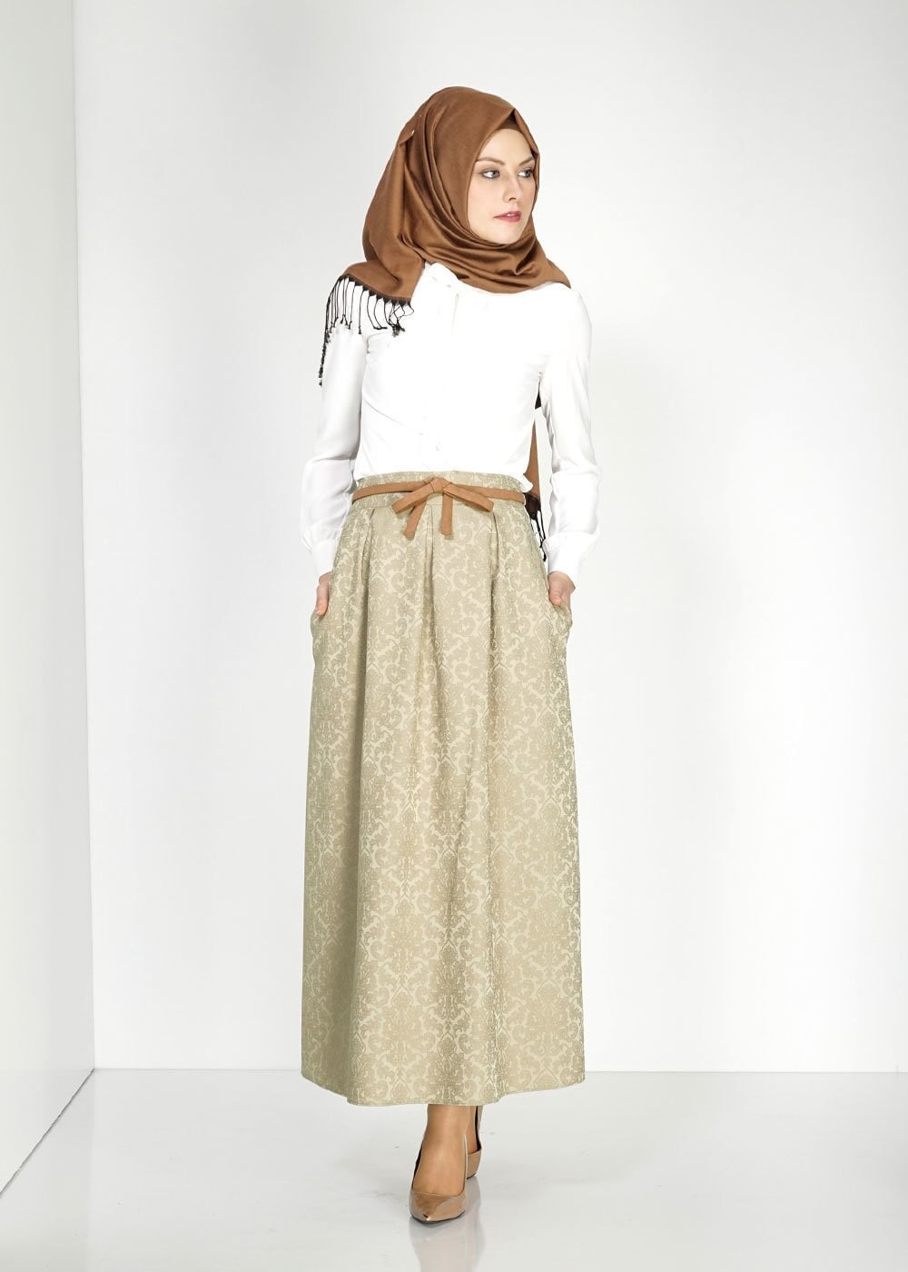 Tesettür giyim HAKİ 6710 Almina Jakar Tesettür Etek