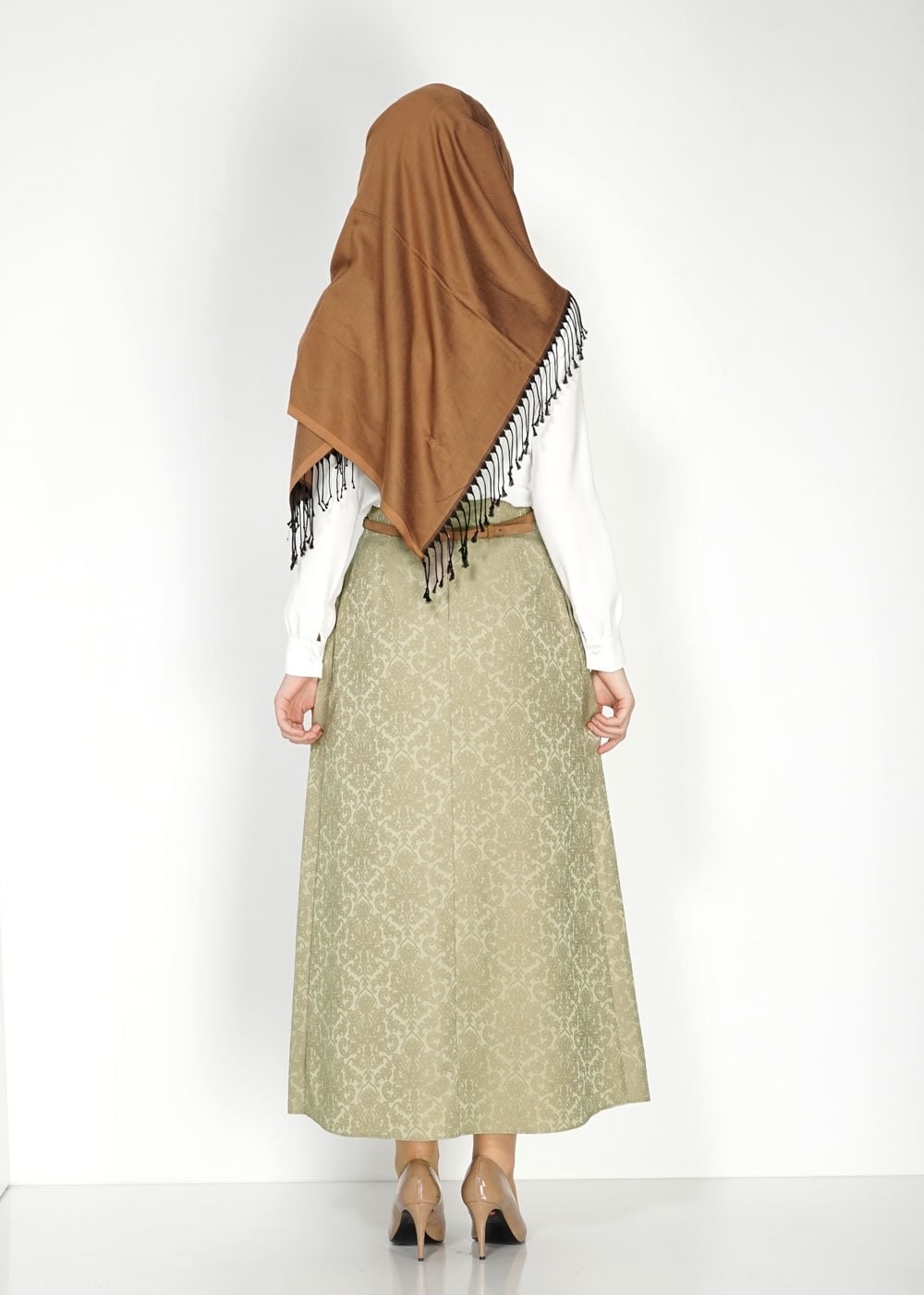 Tesettür giyim HAKİ 6710 Almina Jakar Tesettür Etek