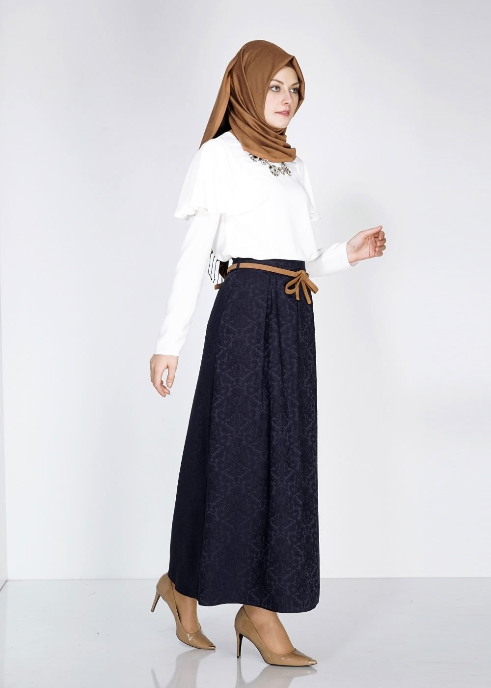 Tesettür giyim LACİVERT 6710 Almina Jakar Tesettür Etek