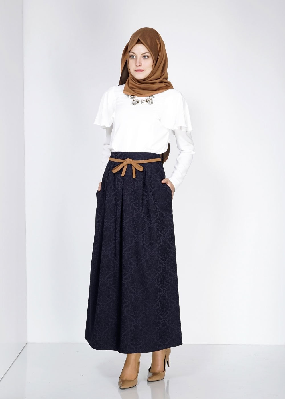 Tesettür giyim LACİVERT 6710 Almina Jakar Tesettür Etek