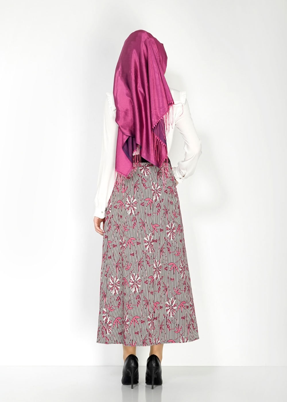 Tesettür giyim FUŞYA ÇİÇEK DESENLİ ÇİZGİLİ ETEK 6711