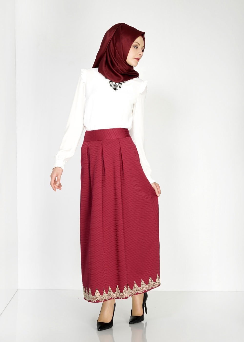 Tesettür giyim BORDO 6712 Neva Jakar Tesettür Etek