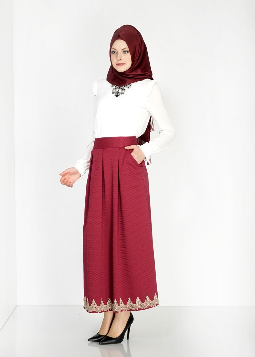 Tesettür giyim BORDO 6712 Neva Jakar Tesettür Etek
