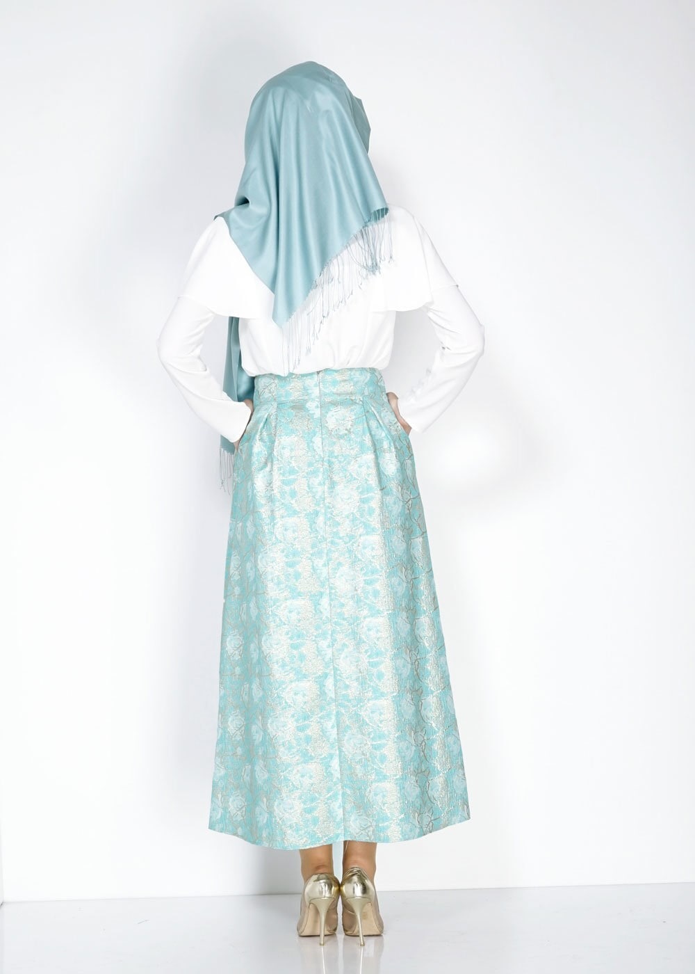 Tesettür giyim MAVİ PİLELİ JAKAR ETEK 6720