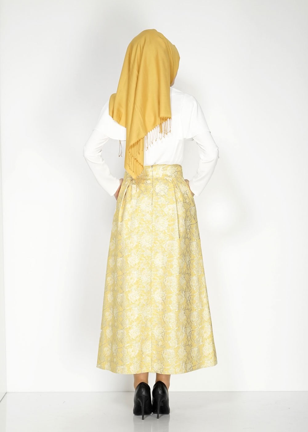 Tesettür giyim SARI PİLELİ JAKAR ETEK 6720