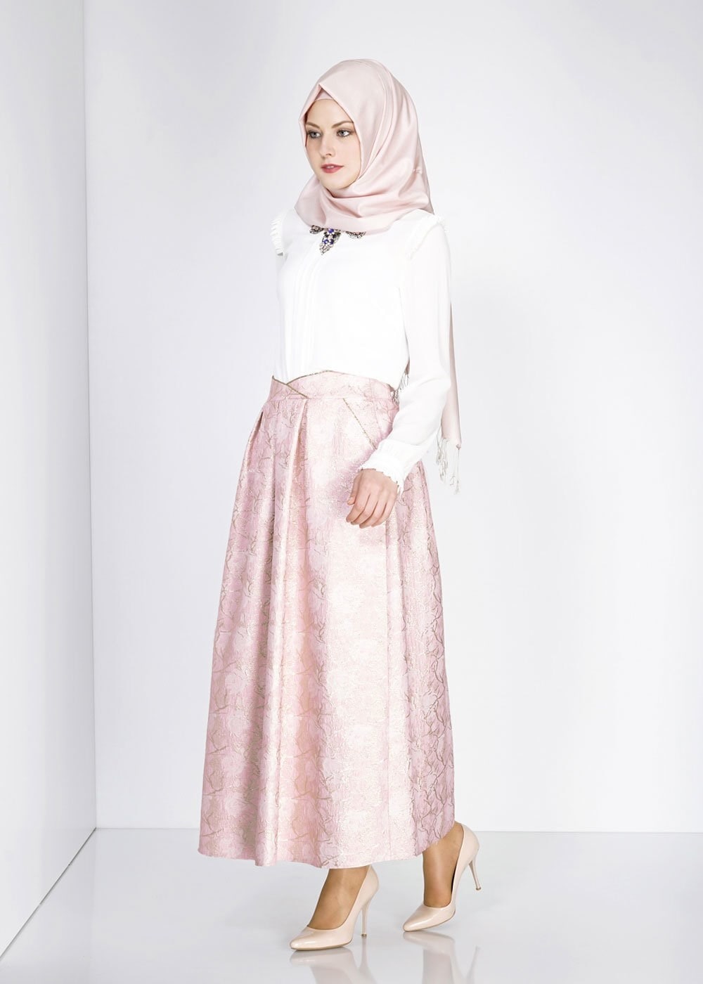 Tesettür giyim PEMBE PİLELİ JAKAR ETEK 6720