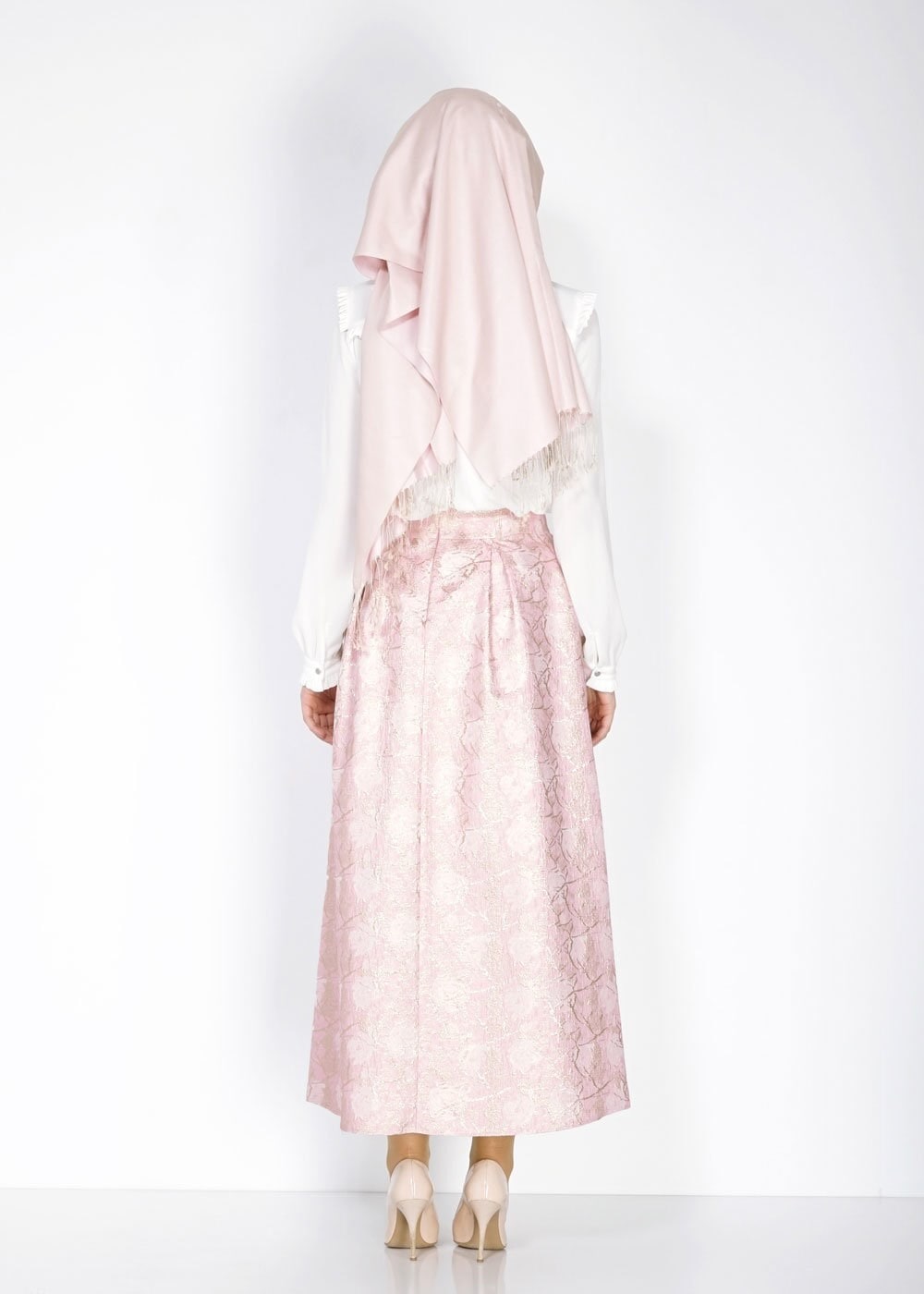 Tesettür giyim PEMBE PİLELİ JAKAR ETEK 6720