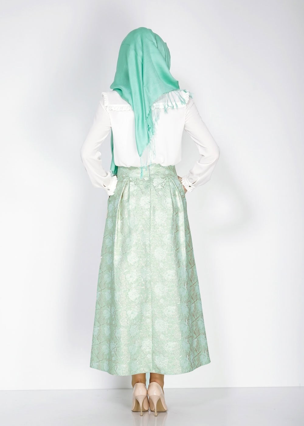 Tesettür giyim YEŞİL PİLELİ JAKAR ETEK 6720