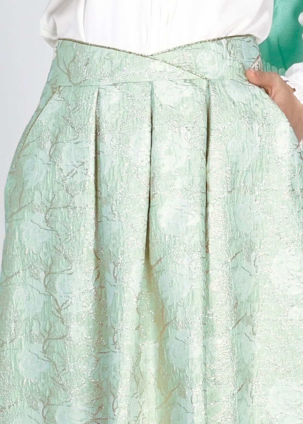 Tesettür giyim YEŞİL PİLELİ JAKAR ETEK 6720