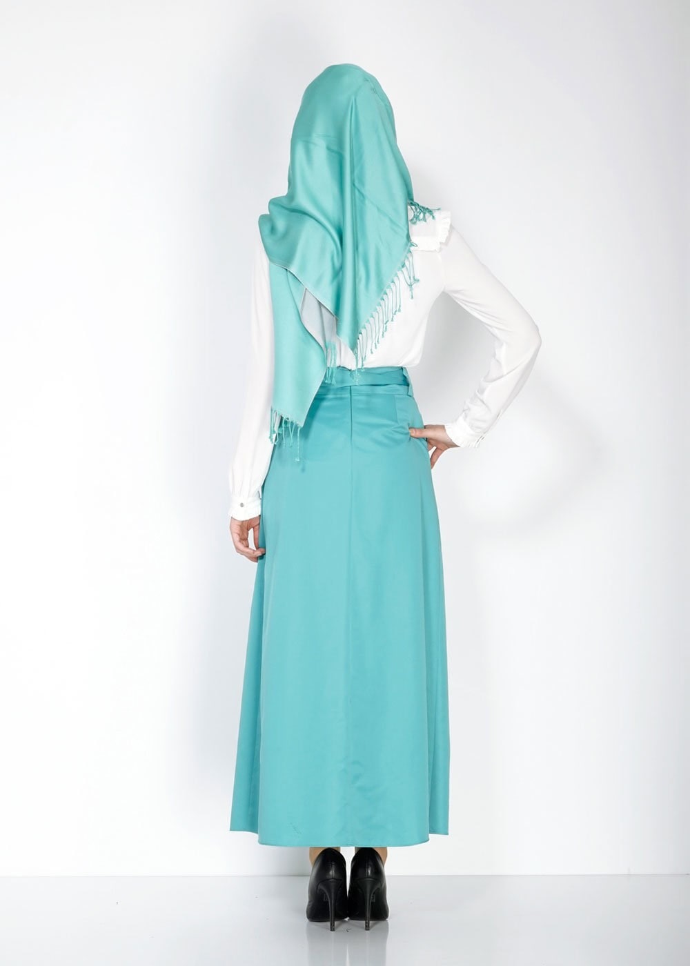 Tesettür giyim MAVİ TAŞ DETAYLI KUŞAKLI ETEK 6723 