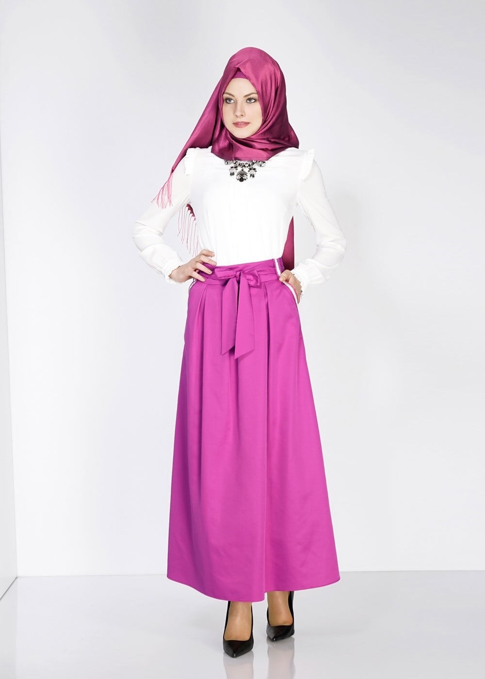 Tesettür giyim FUŞYA TAŞ DETAYLI KUŞAKLI ETEK 6723 