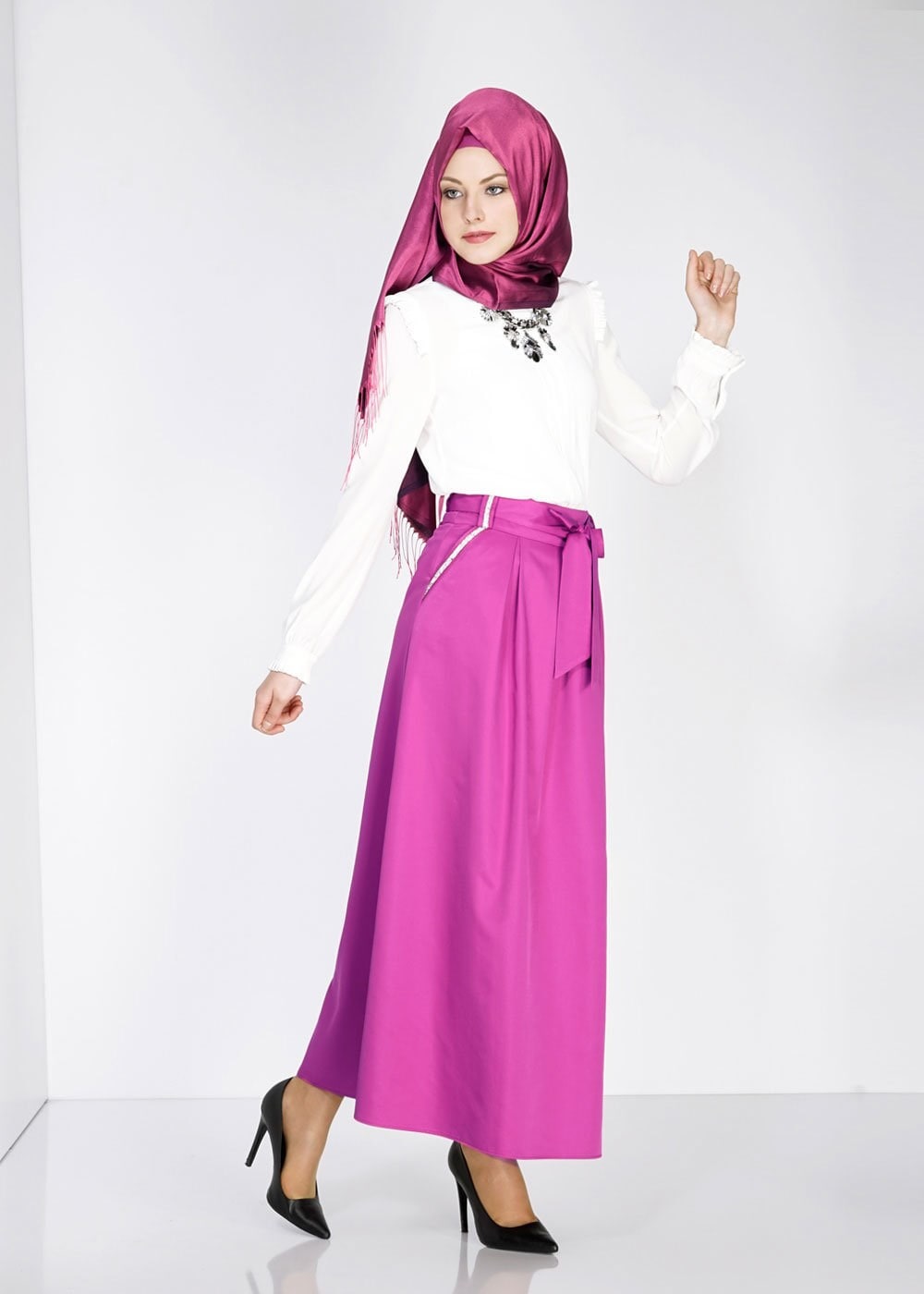 Tesettür giyim FUŞYA TAŞ DETAYLI KUŞAKLI ETEK 6723 