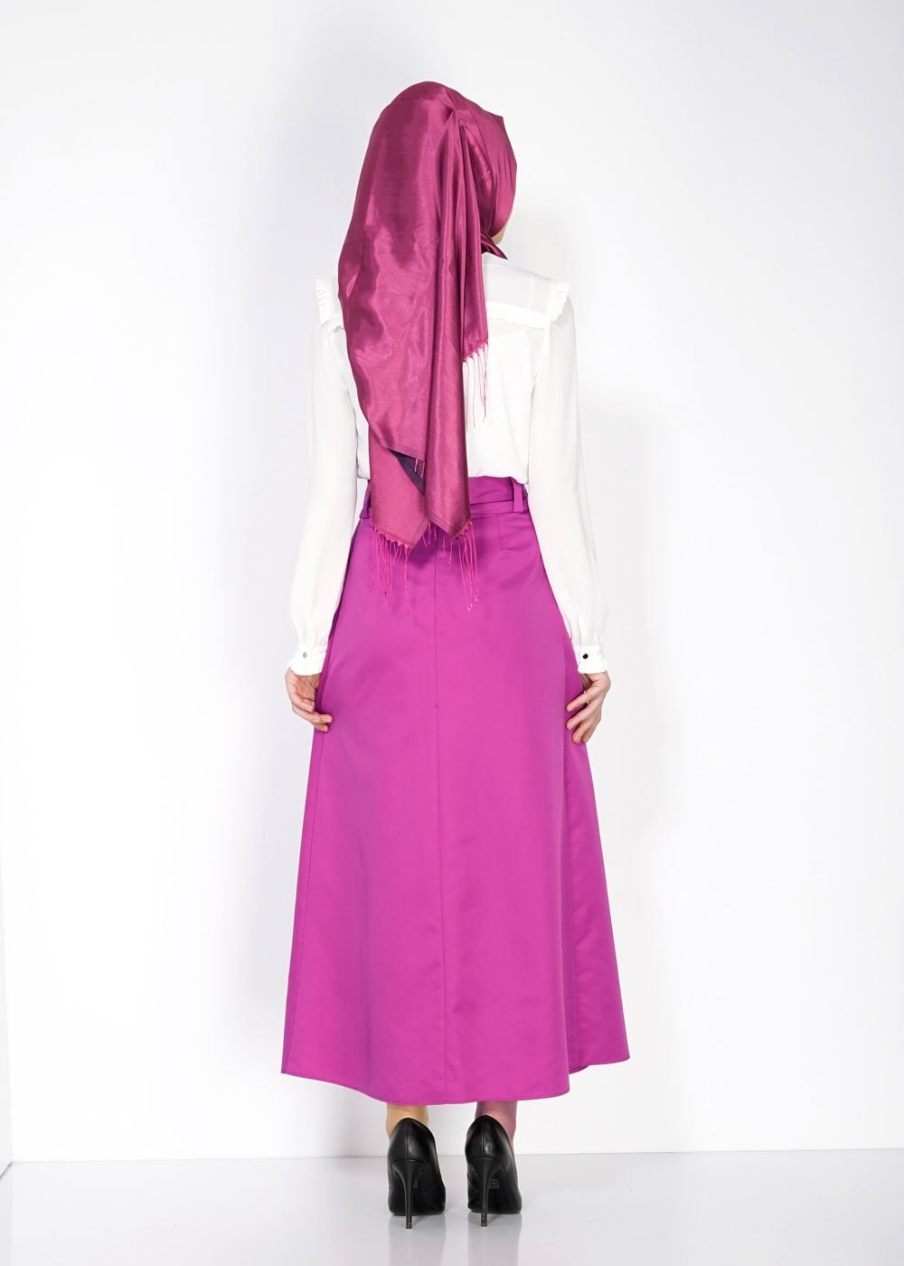 Tesettür giyim FUŞYA TAŞ DETAYLI KUŞAKLI ETEK 6723 