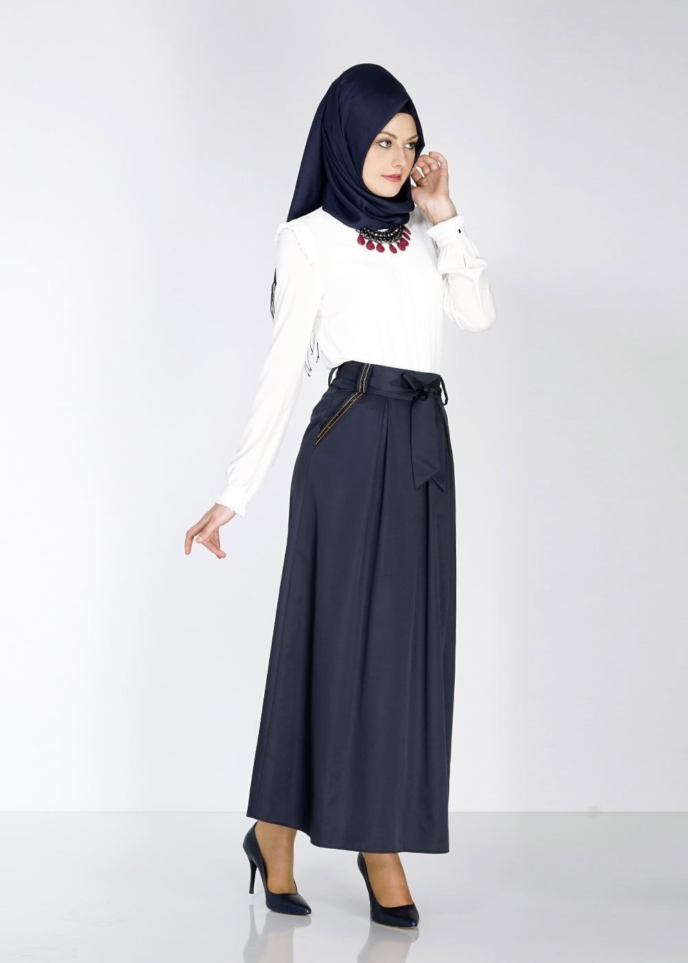 Tesettür giyim LACİVERT TAŞ DETAYLI KUŞAKLI ETEK 6723 