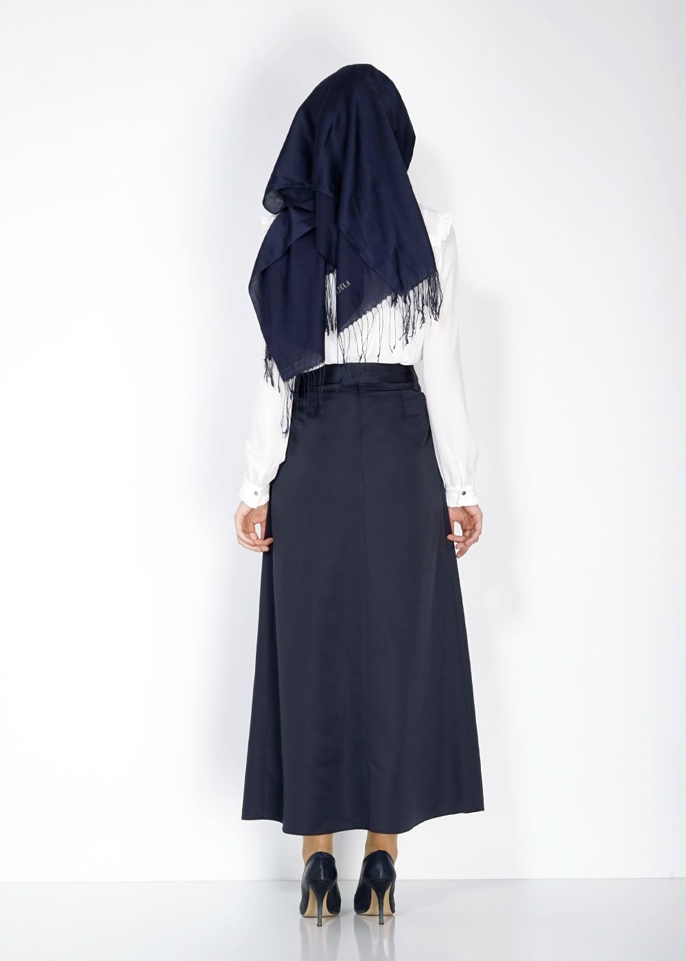 Tesettür giyim LACİVERT TAŞ DETAYLI KUŞAKLI ETEK 6723 