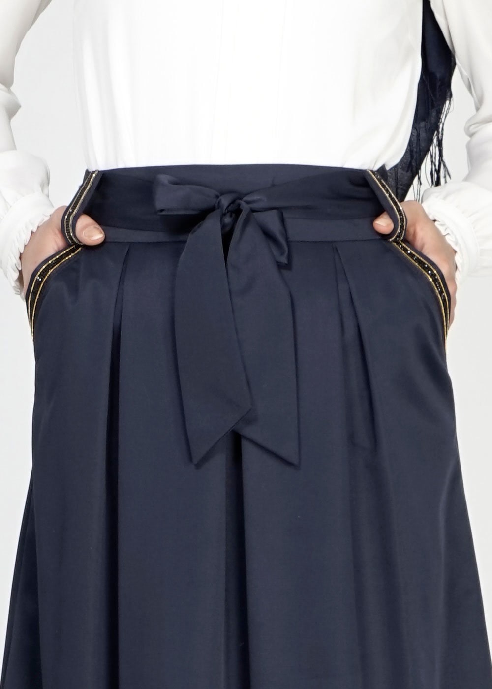 Tesettür giyim LACİVERT TAŞ DETAYLI KUŞAKLI ETEK 6723 