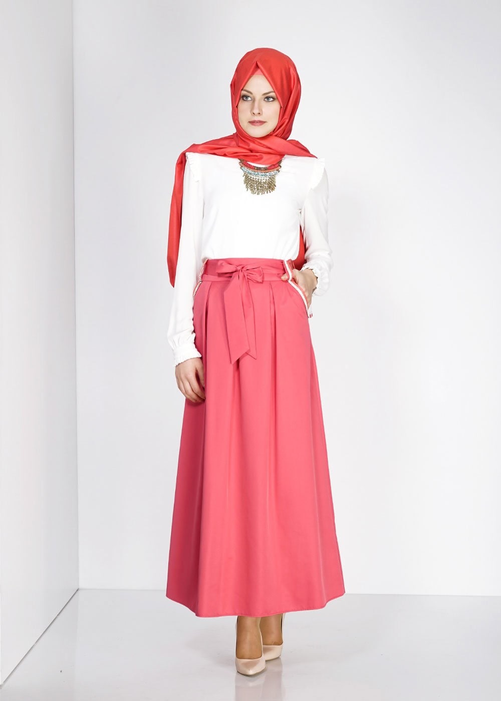 Tesettür giyim MERCAN TAŞ DETAYLI KUŞAKLI ETEK 6723 