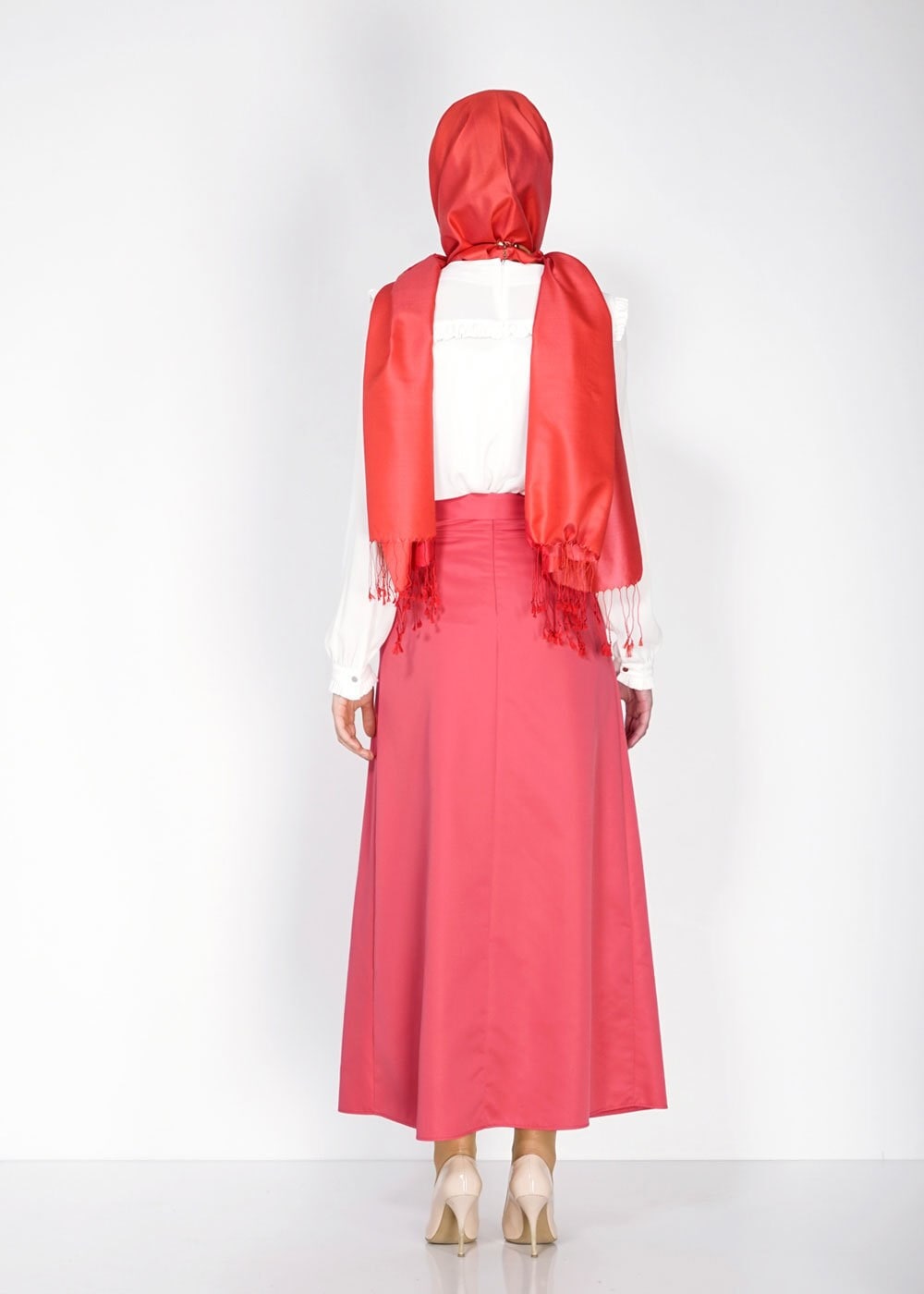 Tesettür giyim MERCAN TAŞ DETAYLI KUŞAKLI ETEK 6723 