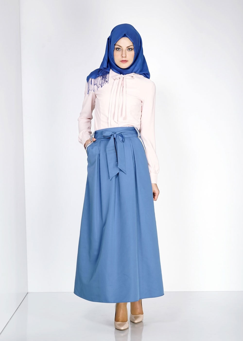 Tesettür giyim LACİVERT TAŞ DETAYLI KUŞAKLI ETEK 6723 