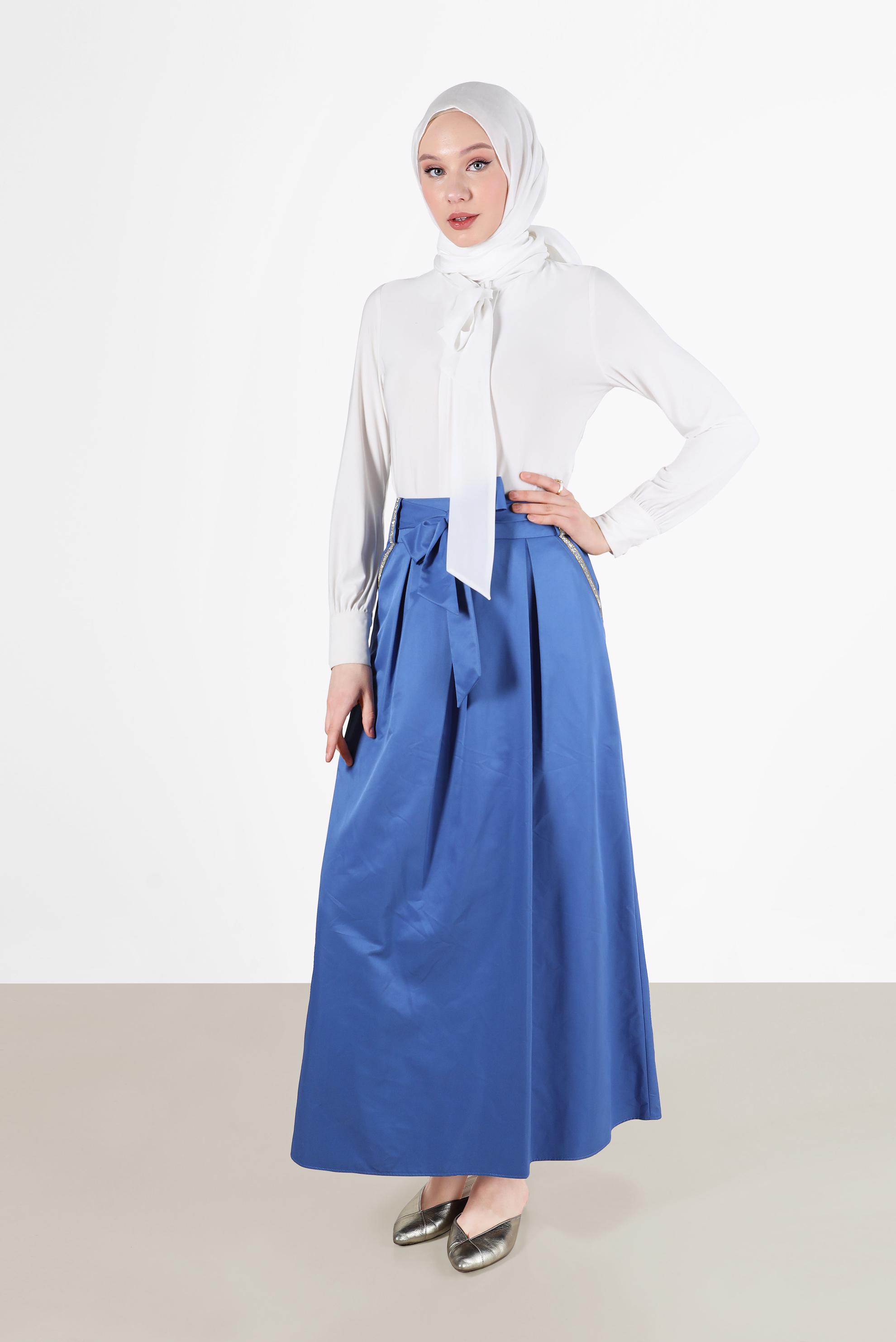 Tesettür giyim LACİVERT TAŞ DETAYLI KUŞAKLI ETEK 6723 