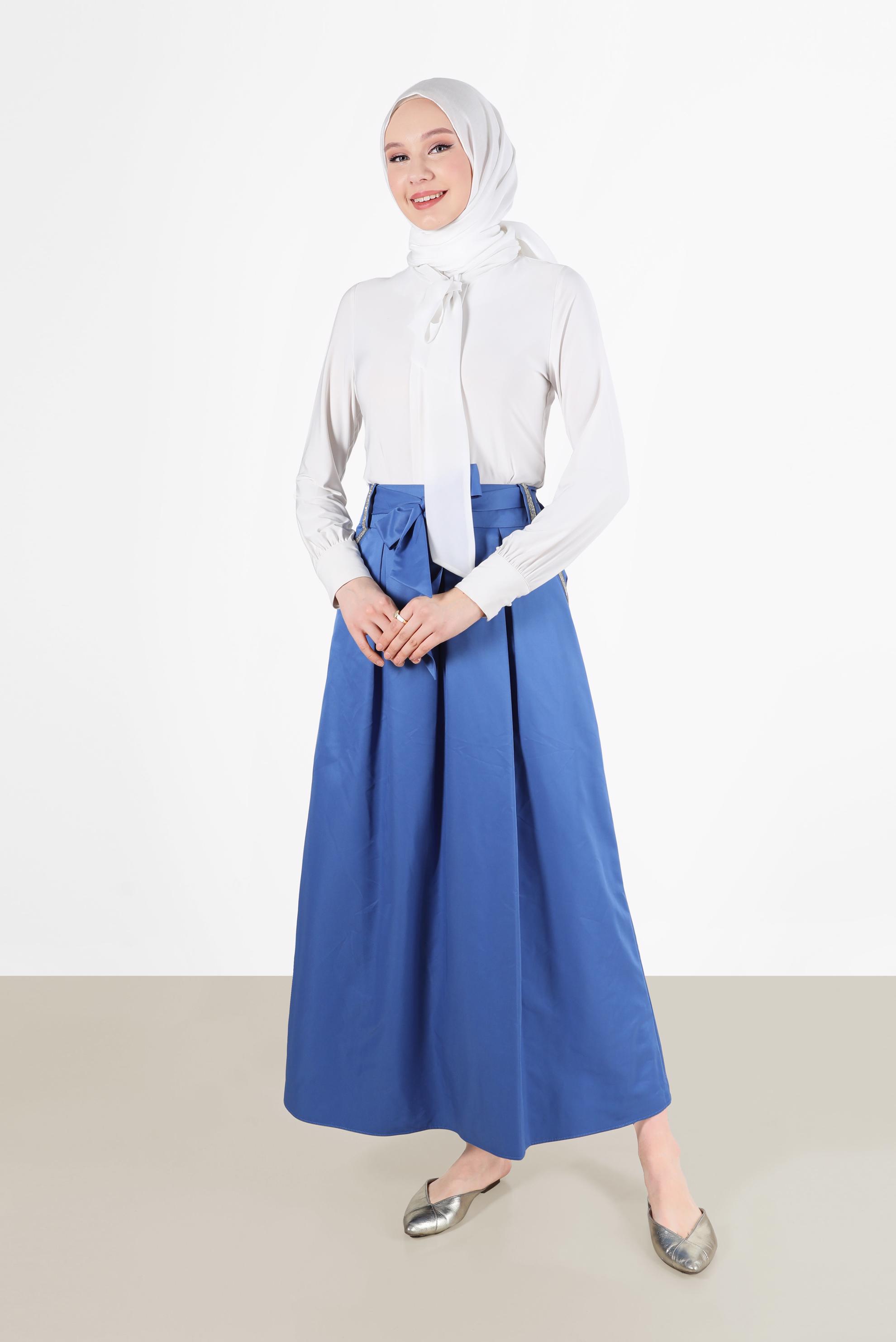 Tesettür giyim LACİVERT TAŞ DETAYLI KUŞAKLI ETEK 6723 