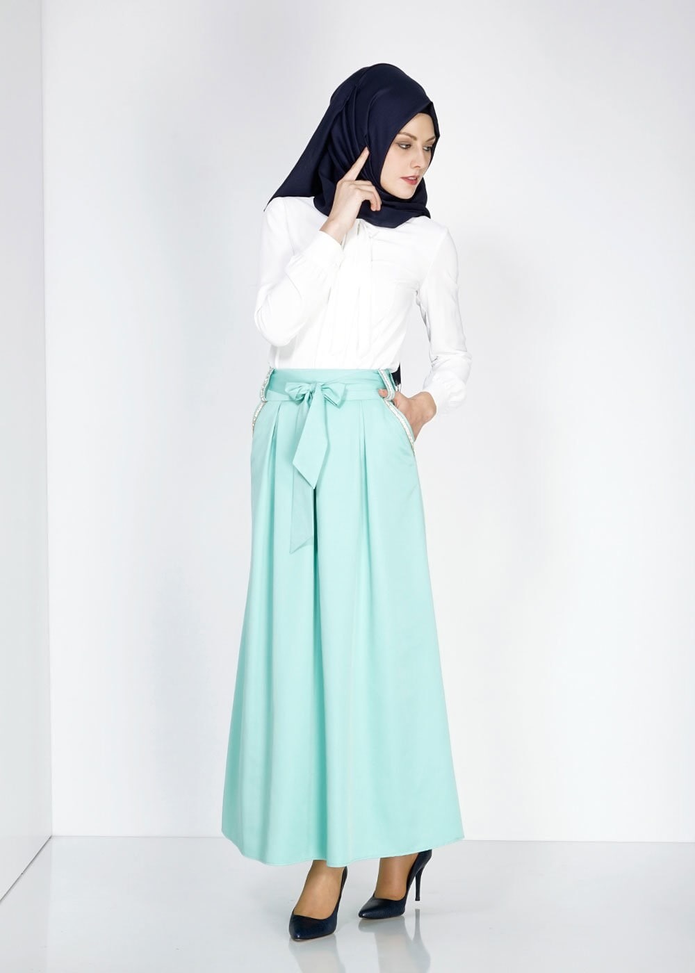 Tesettür giyim YEŞİL TAŞ DETAYLI KUŞAKLI ETEK 6723 
