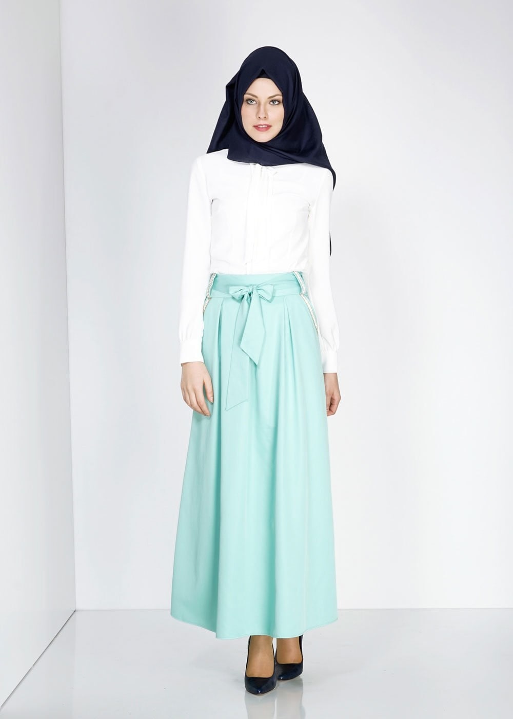 Tesettür giyim YEŞİL TAŞ DETAYLI KUŞAKLI ETEK 6723 