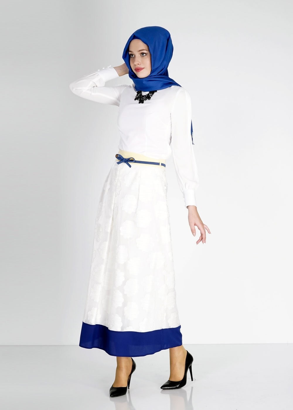 Tesettür giyim BEJ PİLELİ JAKAR ETEK 6726