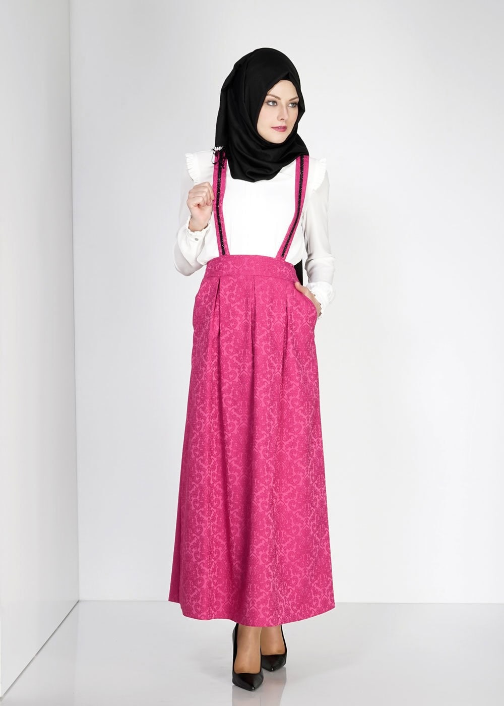 Tesettür giyim FUŞYA PİLELİ JAKAR JİLE ETEK 6728